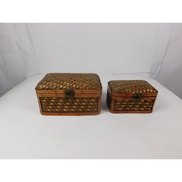 Vintage Bombay Set of 2 Nesting Wood Metal Woven Storage Boxes Hinged Lids Latch - Picture 1 of 16
